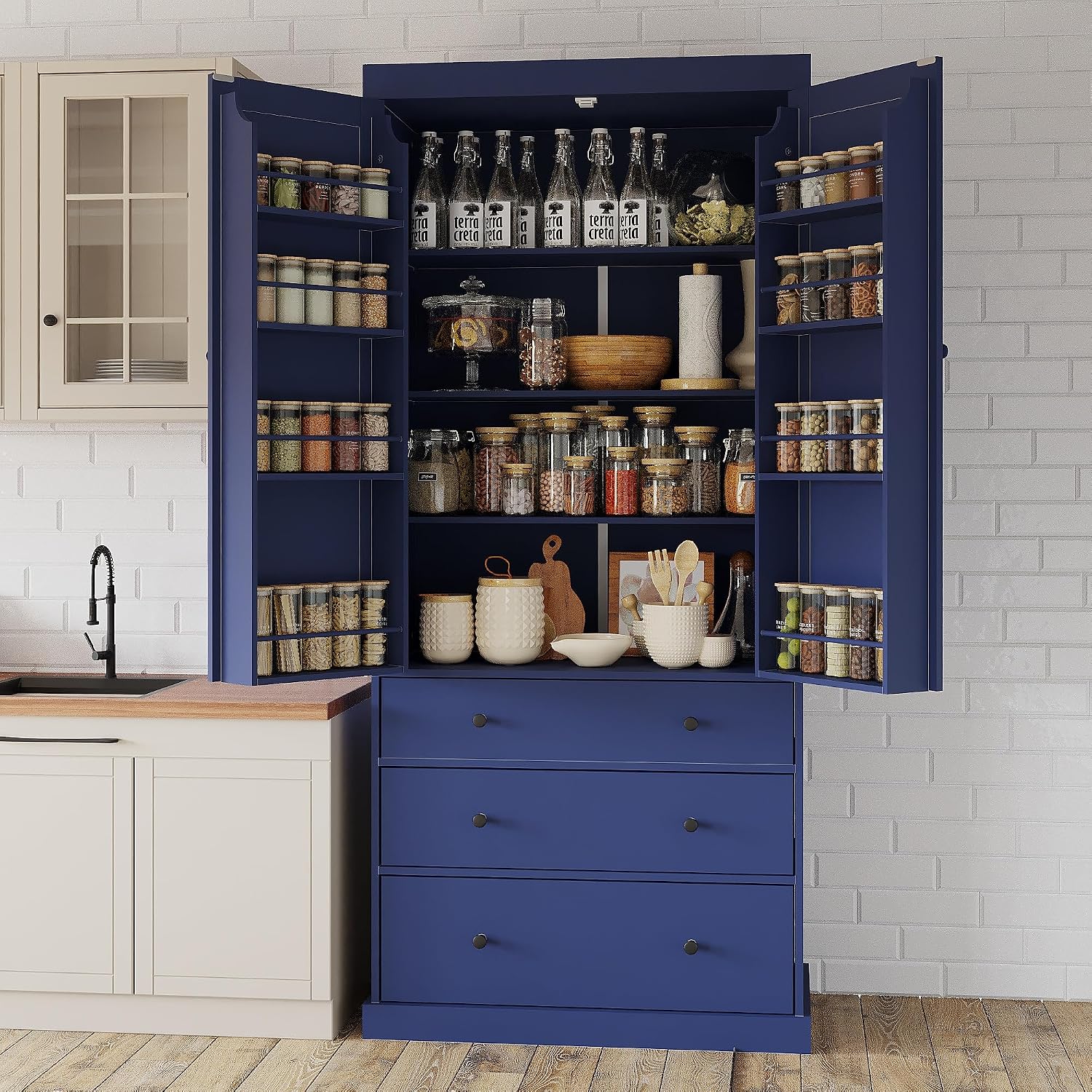 77inch Farmhouse Kitchen Pantry, Wood Storage Cabinet with 3 Adjustable Shelves, Freestanding Tall Cupboard Storage Cabinet with 8 Door Shelves and 3 Drawers for Kitchen, Dining Room