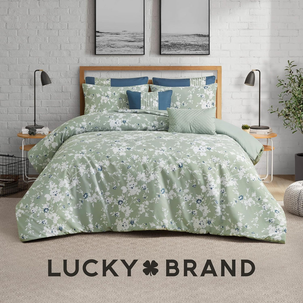 Lucky Brand Fianna Sage Green Floral Luxury 7 Piece Comforter Bedding Set - Full/Queen Size Comforter Set