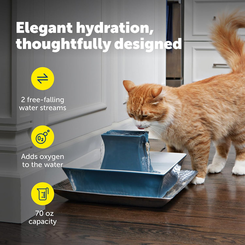 PetSafe Drinkwell Pagoda Pet Fountain 70 oz/ 2L Capacity,Elevated Indoor Ceramic Cat Water Fountain, 2 Levels of Free-Falling Stream, Included Carbon & Foam Filter Provide Fresh Water with Every Sip