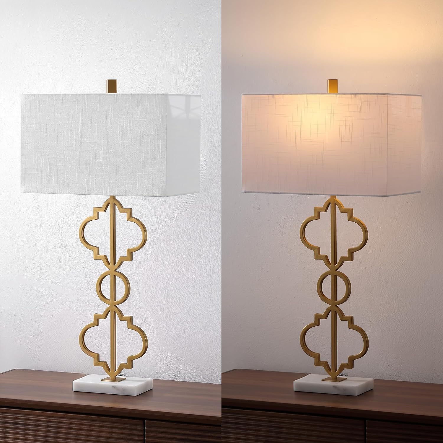 JONATHAN Y 32' Gold Selina Ogee Trellis LED Table Lamp, Glam Modern Iron Geometric Lamp for Living Room Bedroom, White Linen Rectangle Shade, LED Bulb Included JYL3072A