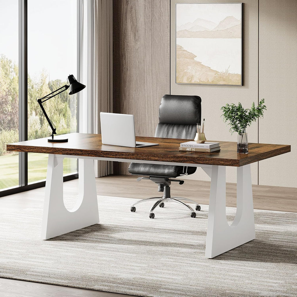 Tribesigns 70.86-Inch Executive Desk, Large Computer Office Desk with Double Wood Pedestal, Modern Simple Style Rectangle Writing Table for Home Office (Brown & White)