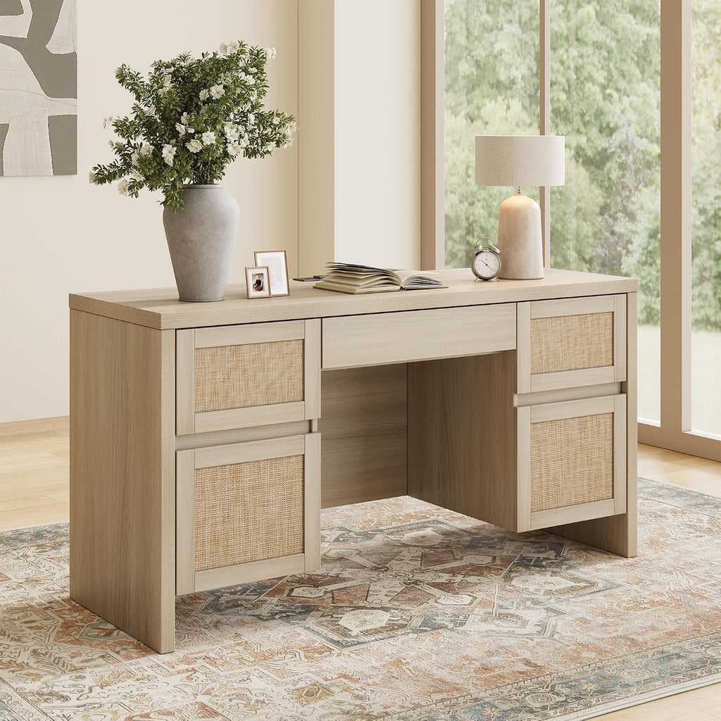 Yechen Executive Desk with 5 Drawers, 57' Modern Rattan Home Office Desk with Charging Station, File Drawer, Farmhouse Boho Computer Writing Desk for Study, Work, Light Beige