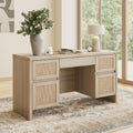 Yechen Executive Desk with 5 Drawers, 57' Modern Rattan Home Office Desk with Charging Station, File Drawer, Farmhouse Boho Computer Writing Desk for Study, Work, Light Beige