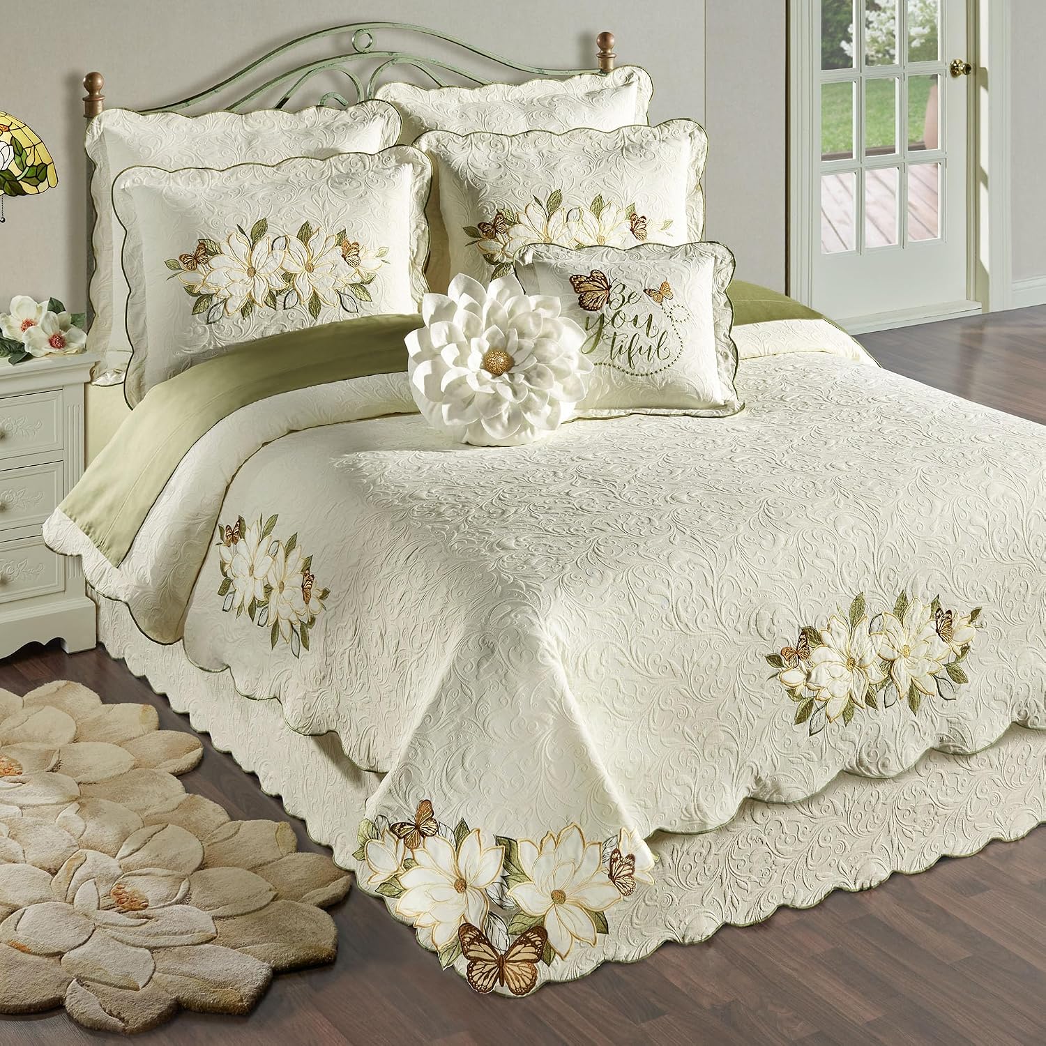 Sweetbay Garden Luxury Matelasse Bedding | Magnolia Flower, Butterfly, & Leaf Velvet Appliques | 4-Pc Ivory Textured Scroll Lightweight Bed Set: Oversized Queen Coverlet, Bedskirt, & 2 Standard Shams
