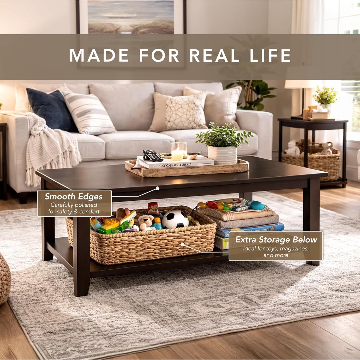 Solid Wood Coffee Table - Dark Walnut Wood Finish, Classic Design