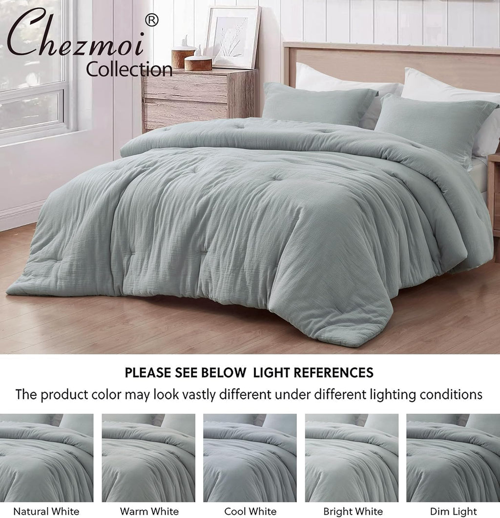 Chezmoi Collection Breeze 3-Piece 100% Cotton Muslin Oversized King Comforter Set, Light Blue-Gray Soft Washed Cotton Gauze Comforter, Lightweight Breathable Reversible 240GSM Fill Summer Bedding