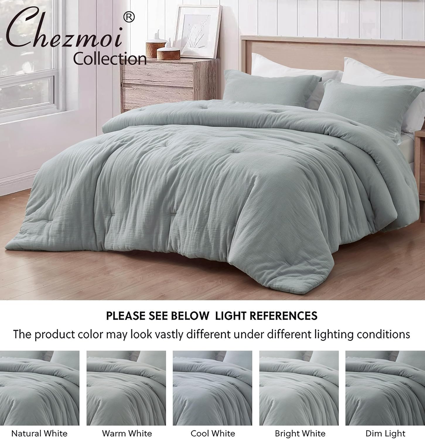 Chezmoi Collection Breeze 3-Piece 100% Cotton Muslin Oversized King Comforter Set, Light Blue-Gray Soft Washed Cotton Gauze Comforter, Lightweight Breathable Reversible 240GSM Fill Summer Bedding