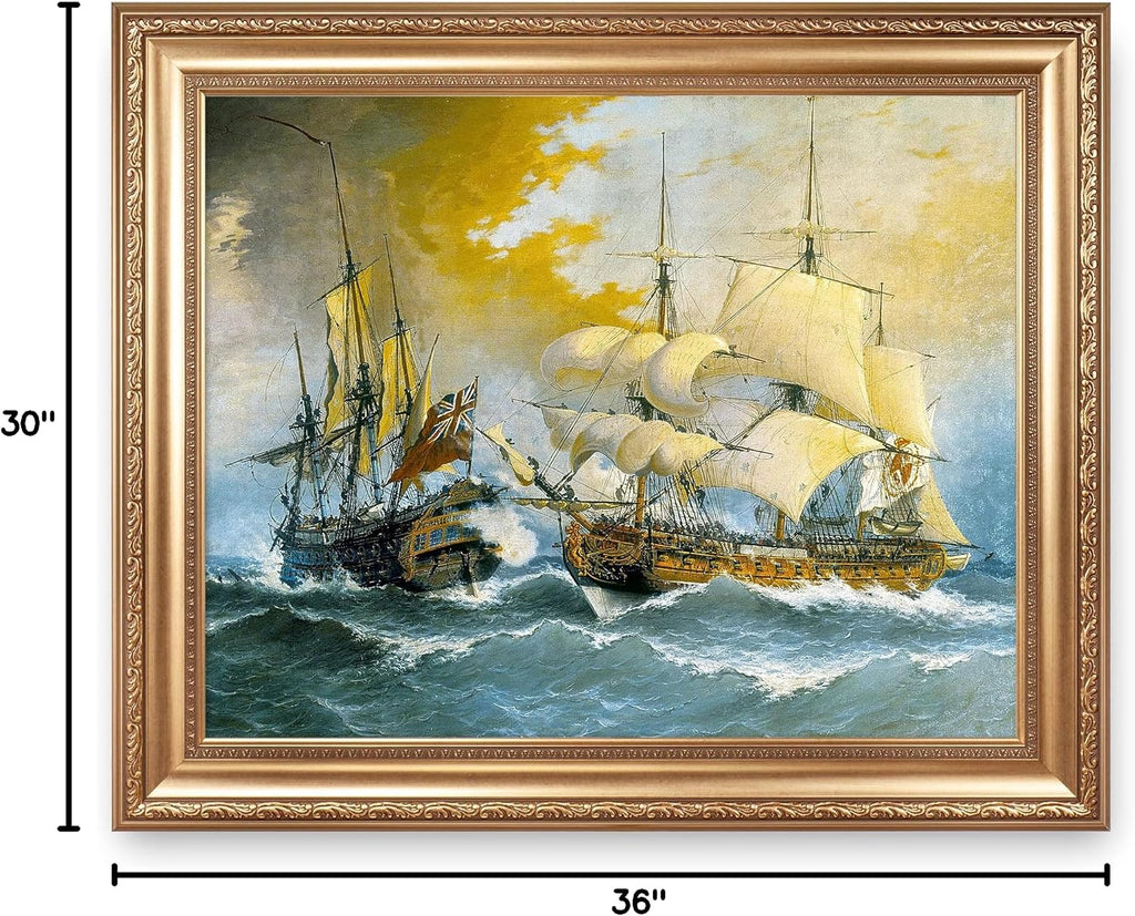 Battle between a Spanish Frigate and the English Ship Stanhope Sailboat Warship Painting Reproductions Framed Size:36x30 inches,Image Size:30x24 inches World Classic Reproductions For HomeDecor