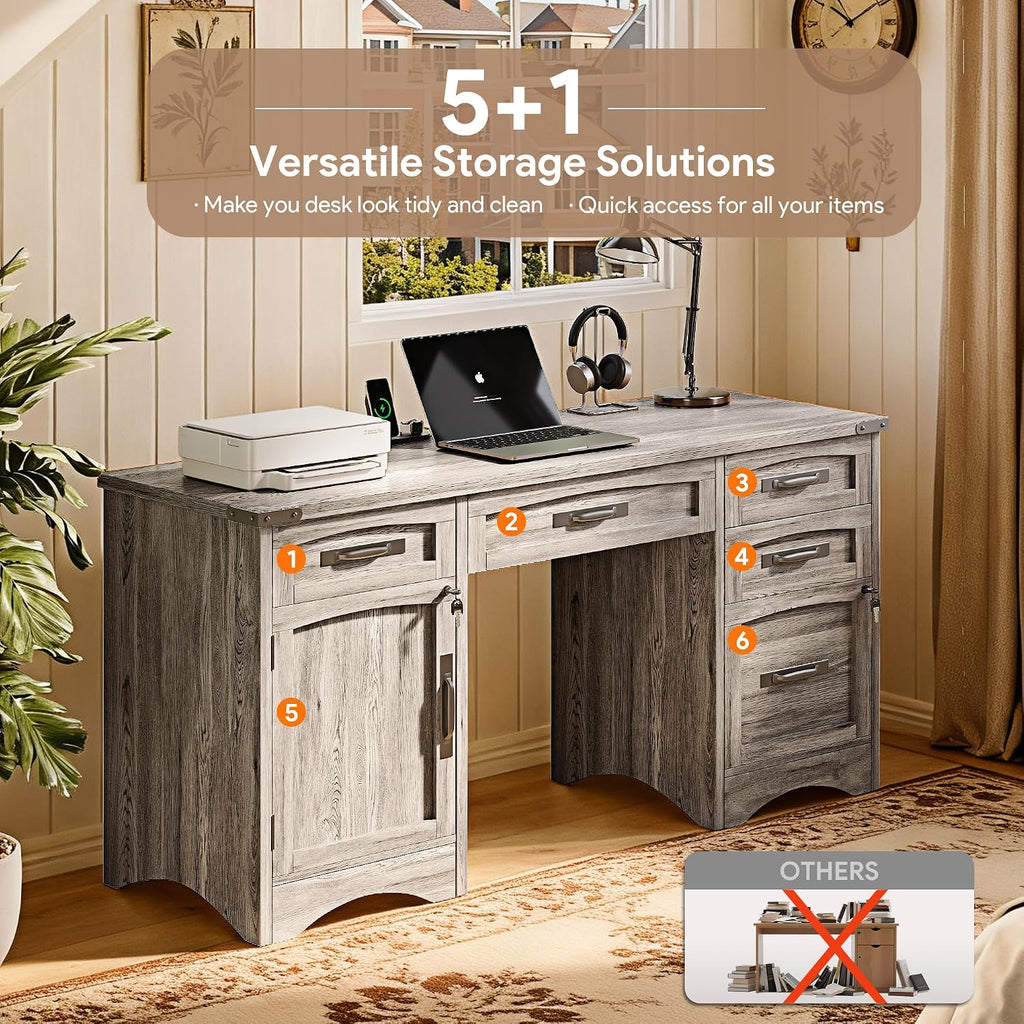 Decofy Farmhouse Executive Desk with Drawers, 55' Home Office Desks with Fast Charging Station, Lockable File Cabinet, Wood Writing Computer Desk for Work, Study, Grey
