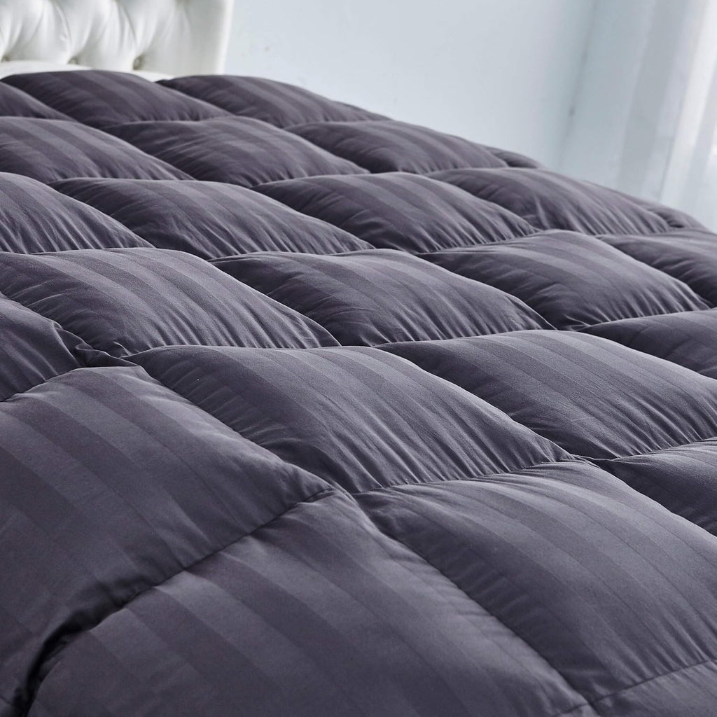 Luxurious Queen Size Goose Down Feather Fiber Comforter Duvet Insert, 100% Egyptian Cotton Cover, 60 oz. Fill Weight Comforter (Queen, Gray Stripe)