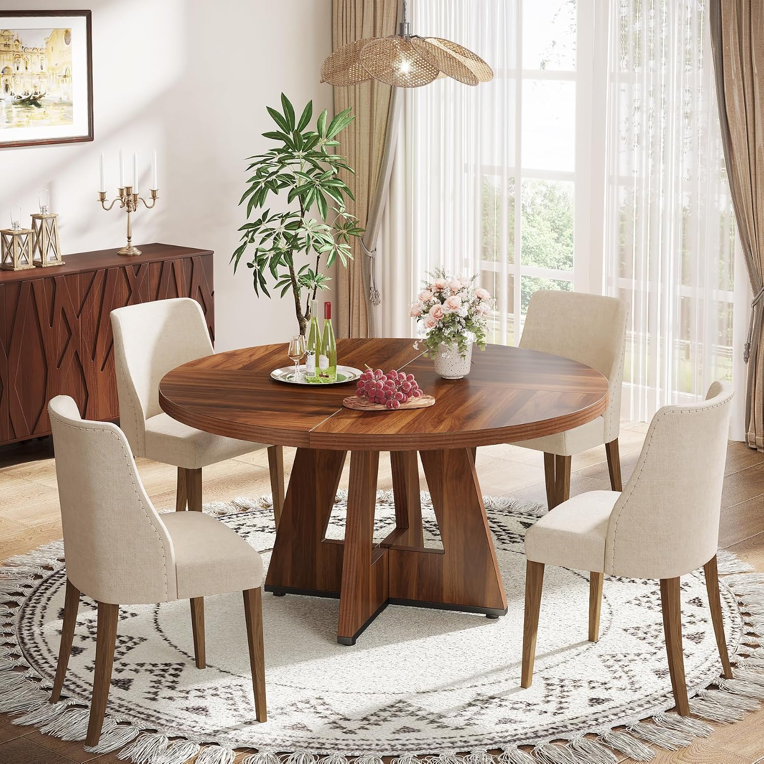 Tribesigns Farmhouse Dining Table, 47 Inch Round Dinner Table for 4, Rustic Round Dining Room Table for Home Dining Room Living Room (Brown)