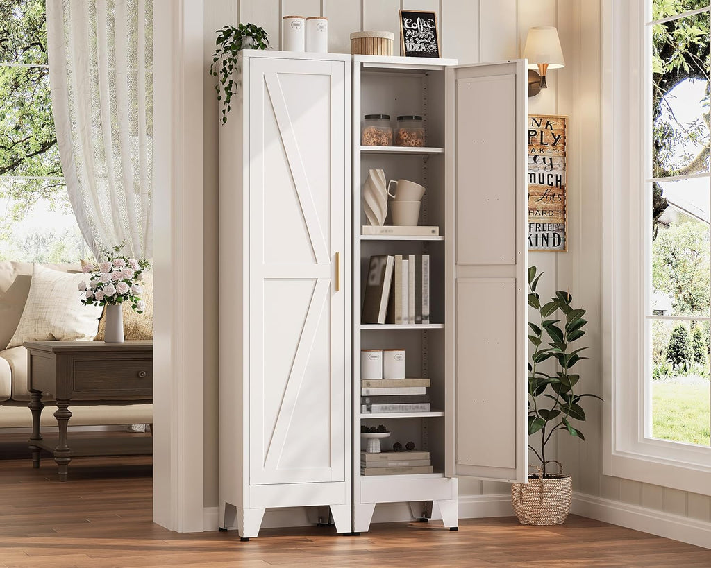 67'H Narrow Pantry Cabinet,Tall Skinny Pantry Storage Cabinet with Adjustable Shelves,Metal Narrow Kitchen Storage Cabinet,Slim and Thin Pantry Cabinets for Living Room Dining Room, White