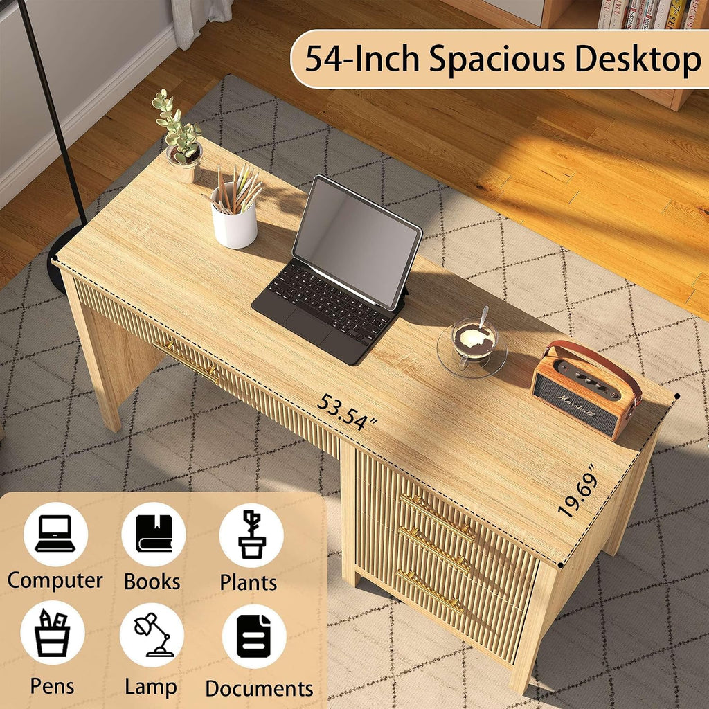 Modern Executive Desk with Drawers: 54' Oak Home Office Desks with File Drawers, Wood Fluted Computer Writing Desk for Work, Study, and Living Room (54')
