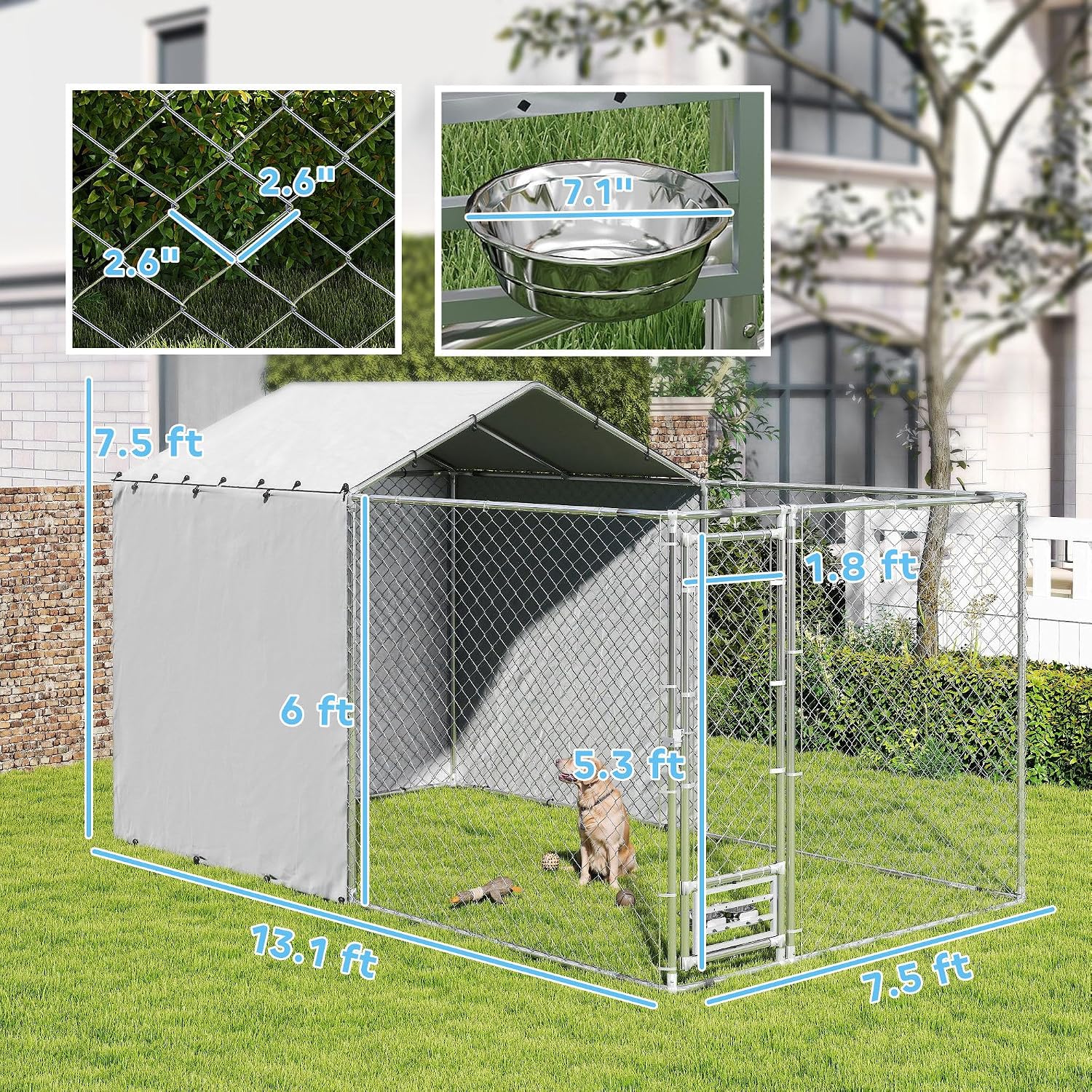 PawHut Large Outdoor Dog Kennel, Heavy Duty Galvanized Chain Link Dog Kennel Outside with Waterproof & UV-Resistant Cover, Rotating Bowls Door, for M&L Breeds, Chickens, Ducks, 13' x 7.5' x 7.5'