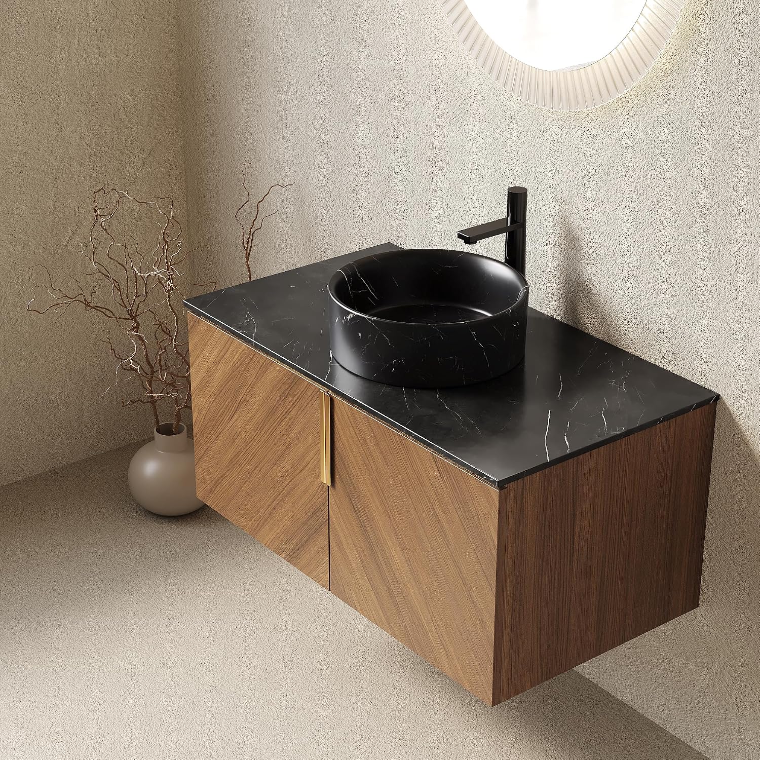 36 Inch Bathroom Vanity with Sink Combo, Floating Vanity Bathroom with Vessel Sink, Modern Bathroom Vanity Cabinet with Doors, Sintered Stone Countertop and Black Round Basin,Brown Oak