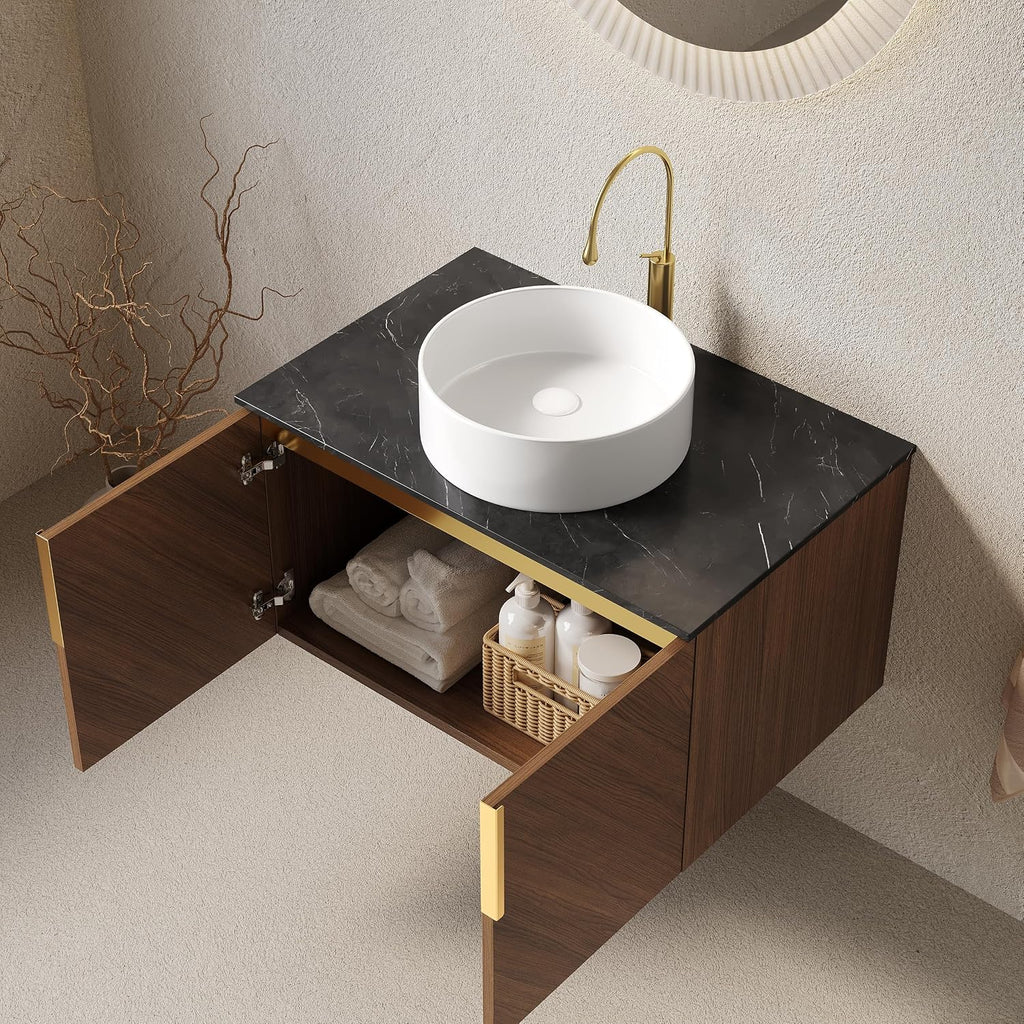 30 Inch Floating Vanity with Sink Combo, Modern Bathroom Vanity with Vessel Sink, Wall-Mounted Bathroom Vanity Cabinet with Doors, Sintered Stone Countertop and Round Basin,Brown Oak