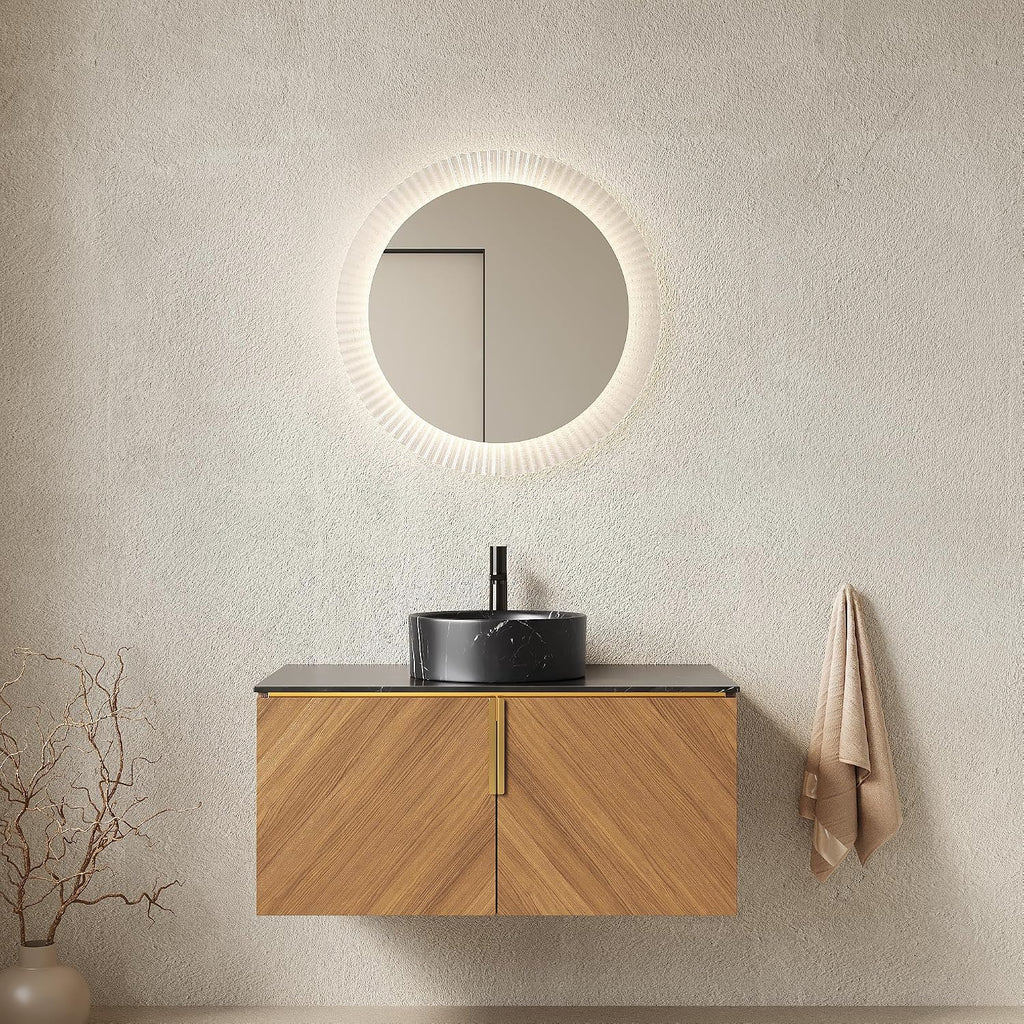 36 Inch Bathroom Vanity with Sink Combo, Floating Vanity Bathroom with Vessel Sink, Modern Bathroom Vanity Cabinet with Doors, Sintered Stone Countertop and Black Round Basin,Brown Oak