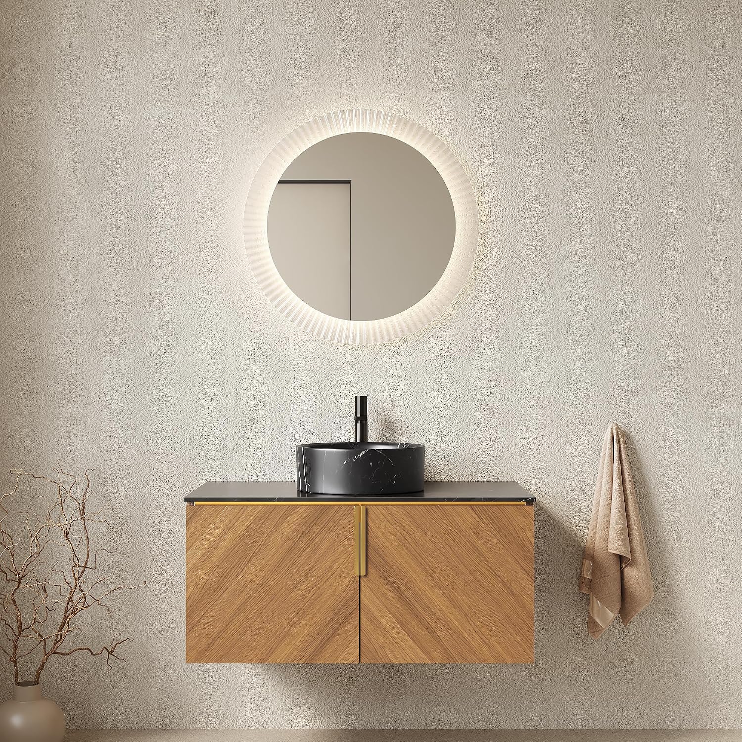 36 Inch Bathroom Vanity with Sink Combo, Floating Vanity Bathroom with Vessel Sink, Modern Bathroom Vanity Cabinet with Doors, Sintered Stone Countertop and Black Round Basin,Brown Oak