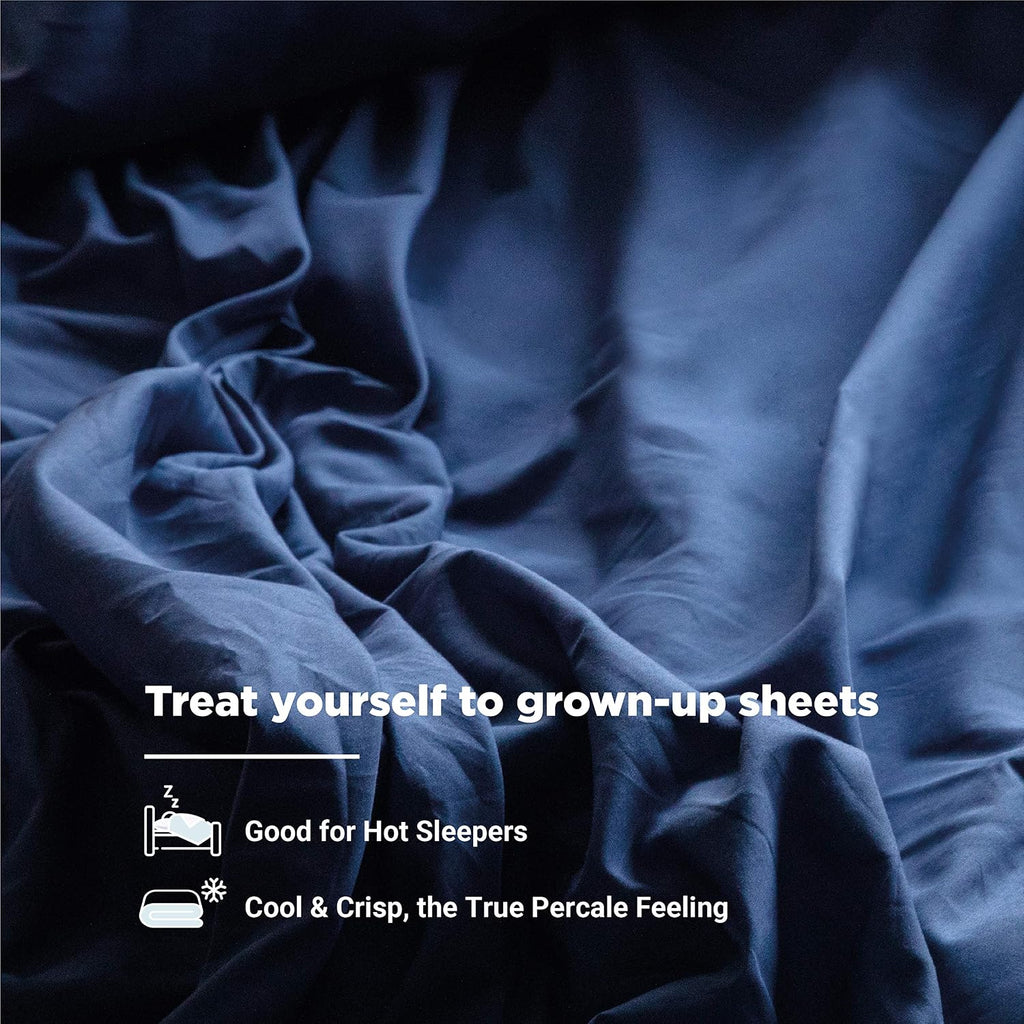 Fabdreams 100% Organic Cotton Percale Weave Queen Size Sheet Set, 300 TC, GOTS Certified, Cool & Crisp, Breathable, Fits Mattresses Up to 17' Deep, Durable Luxury – Dark Blue