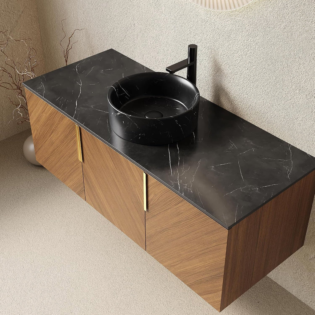 48 Inch Bathroom Vanity with Single Sink, Floating Vanity with Vessel Sink, Modern Bathroom Vanity Cabinet with 3 Doors, Sintered Stone Countertop and Black Round Basin,Brown Oak