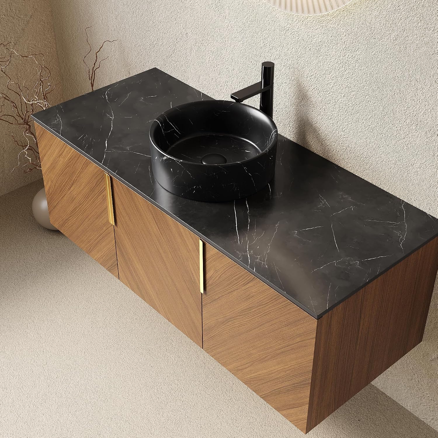 48 Inch Bathroom Vanity with Single Sink, Floating Vanity with Vessel Sink, Modern Bathroom Vanity Cabinet with 3 Doors, Sintered Stone Countertop and Black Round Basin,Brown Oak
