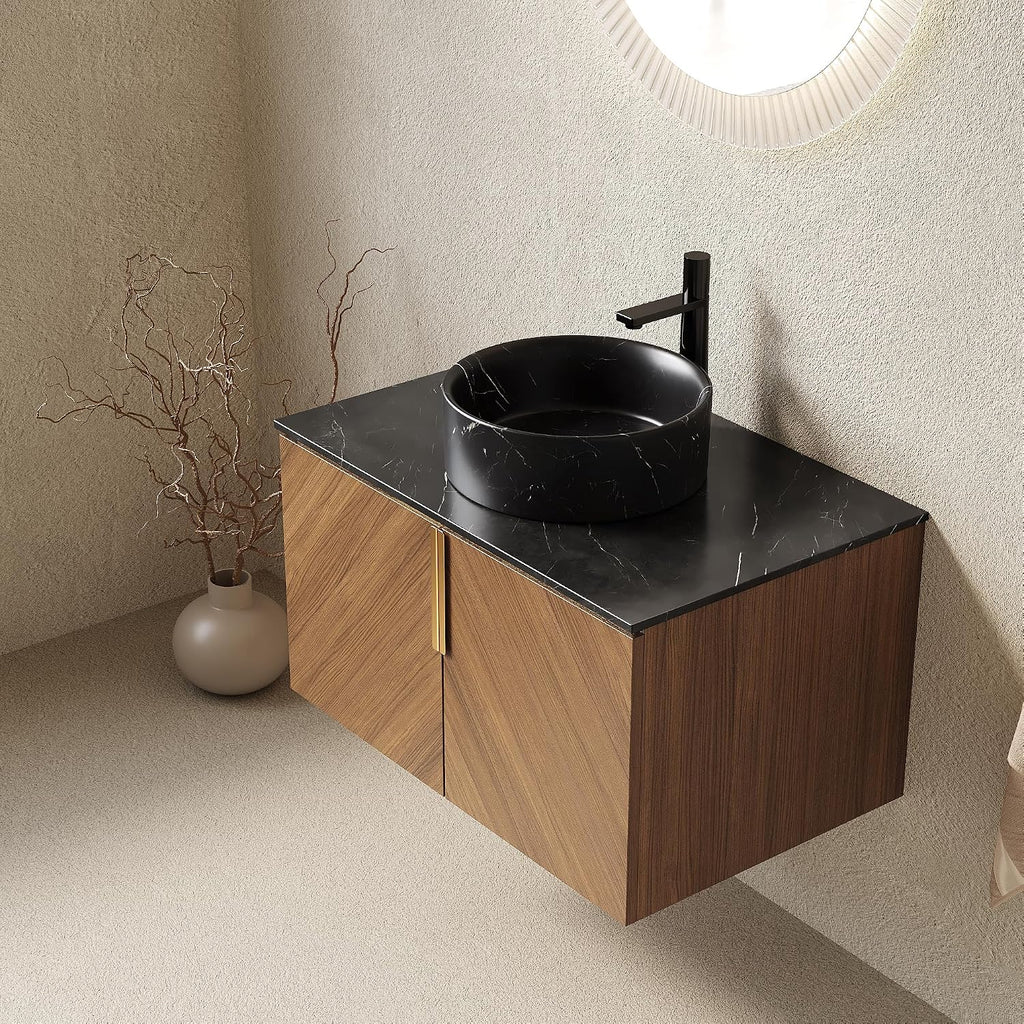 30' Floating Bathroom Vanity with Sink Combo, Modern Vanity with Vessel Sink, Wall-Mounted Bathroom Vanity Cabinet with Doors, Black Countertop and Black Round Ceramic Basin,Brown Oak