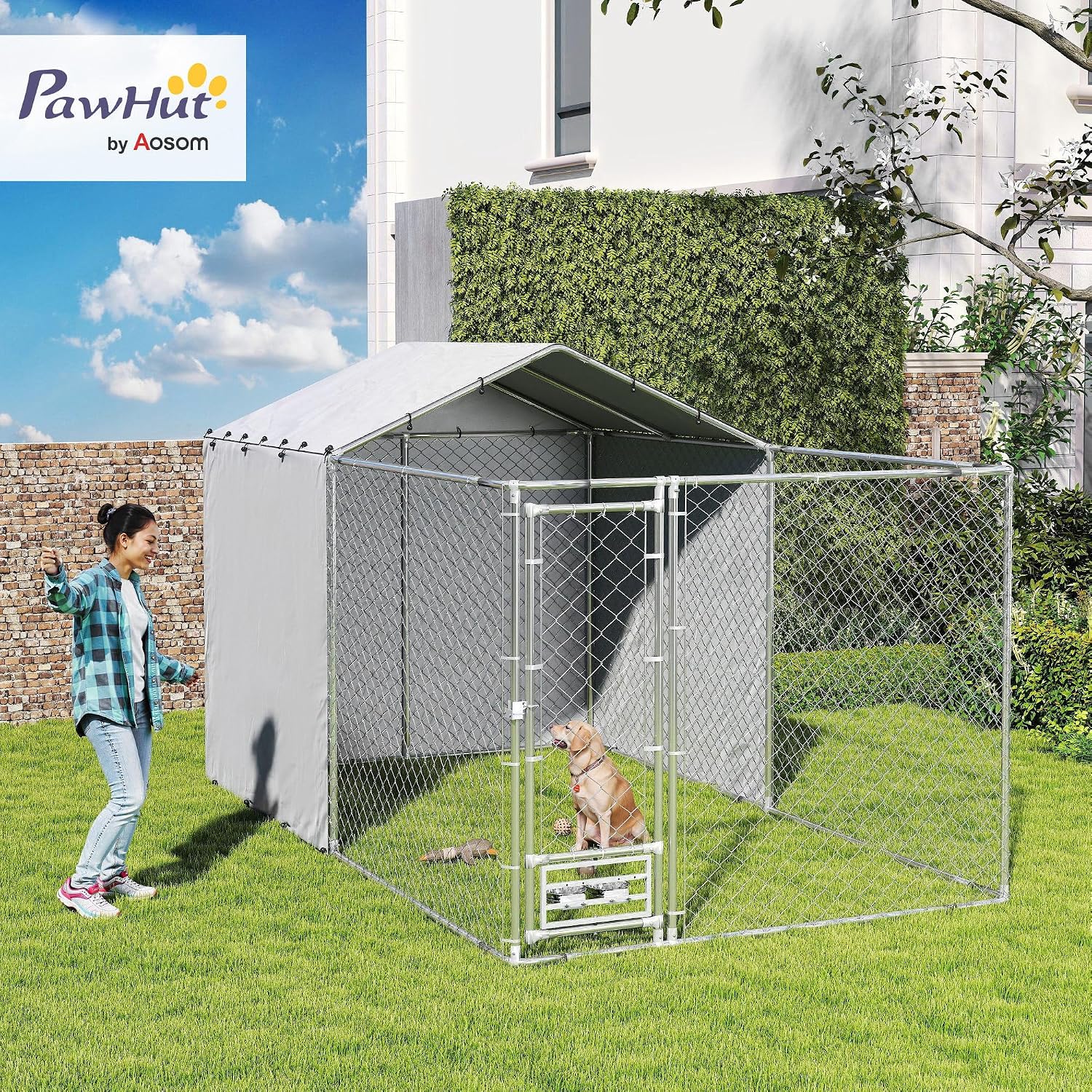 PawHut Large Outdoor Dog Kennel, Heavy Duty Galvanized Chain Link Dog Kennel Outside with Waterproof & UV-Resistant Cover, Rotating Bowls Door, for M&L Breeds, Chickens, Ducks, 13' x 7.5' x 7.5'