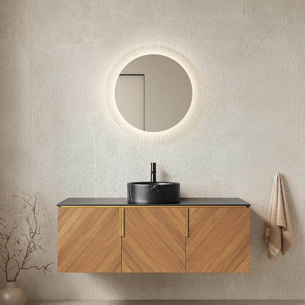 48 Inch Bathroom Vanity with Single Sink, Floating Vanity with Vessel Sink, Modern Bathroom Vanity Cabinet with 3 Doors, Sintered Stone Countertop and Black Round Basin,Brown Oak