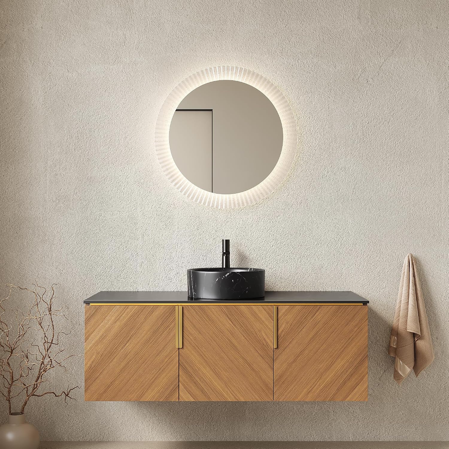 48 Inch Bathroom Vanity with Single Sink, Floating Vanity with Vessel Sink, Modern Bathroom Vanity Cabinet with 3 Doors, Sintered Stone Countertop and Black Round Basin,Brown Oak
