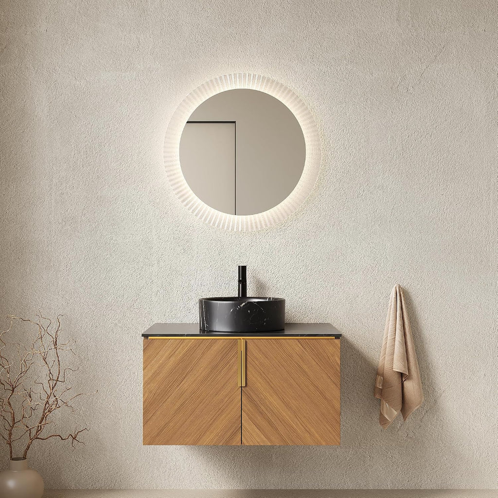 30' Floating Bathroom Vanity with Sink Combo, Modern Vanity with Vessel Sink, Wall-Mounted Bathroom Vanity Cabinet with Doors, Black Countertop and Black Round Ceramic Basin,Brown Oak