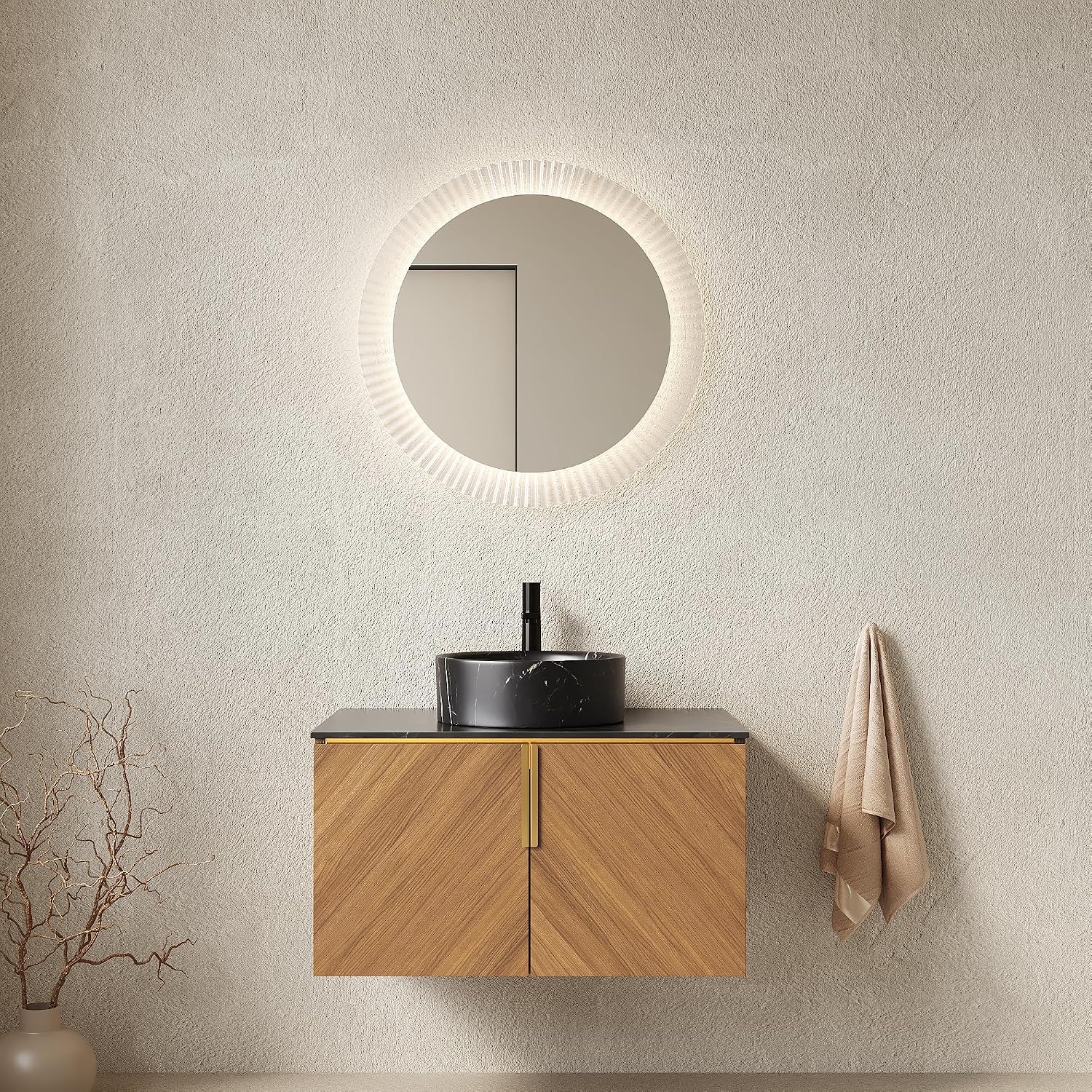 30' Floating Bathroom Vanity with Sink Combo, Modern Vanity with Vessel Sink, Wall-Mounted Bathroom Vanity Cabinet with Doors, Black Countertop and Black Round Ceramic Basin,Brown Oak