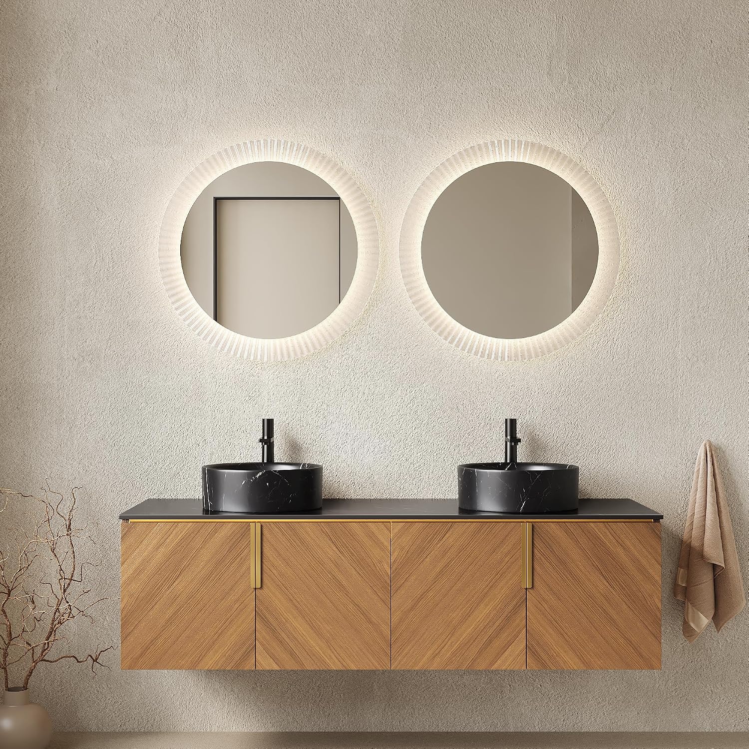60' Double Sink Bathroom Vanity with Sink Combo, Floating Vanity with Vessel Sink, Wall-Mounted Plywood Bathroom Vanity Storage Cabinet with 4 Doors & 2 Black Round Basin, Brown Oak