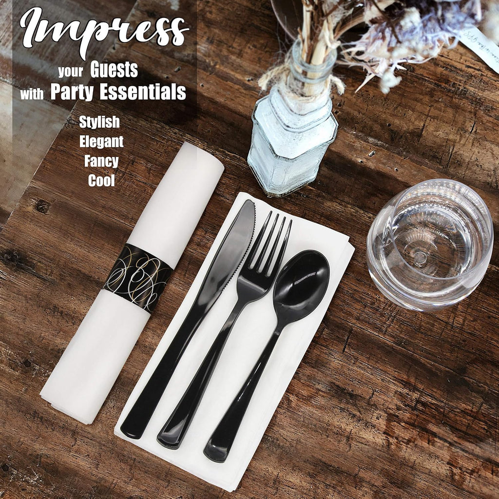 Party Essentials Party Supplies Wrapped Silverware Set Disposable, Pre Rolled Napkin and Cutlery, Spoons/Forks/Knives Black, 50 Units (Pack of 6)