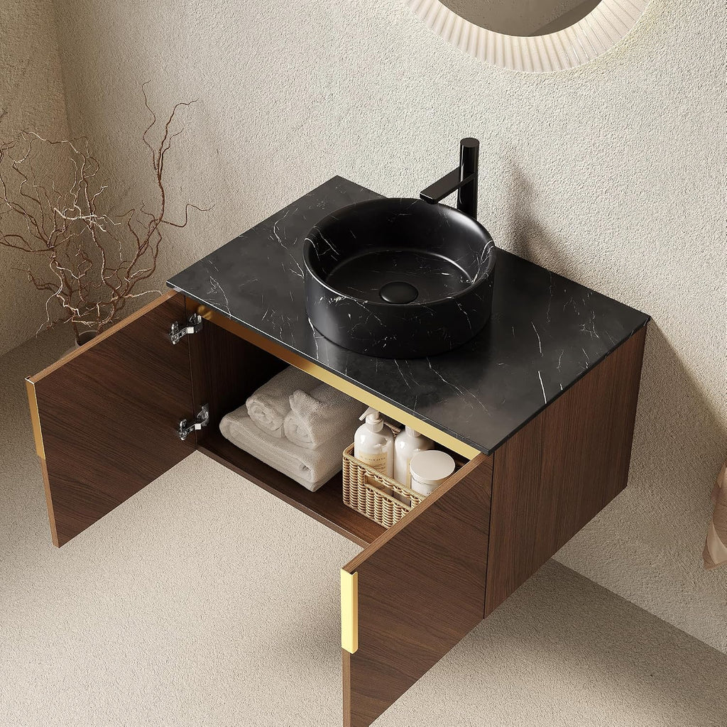 30' Floating Bathroom Vanity with Sink Combo, Modern Vanity with Vessel Sink, Wall-Mounted Bathroom Vanity Cabinet with Doors, Black Countertop and Black Round Ceramic Basin,Brown Oak