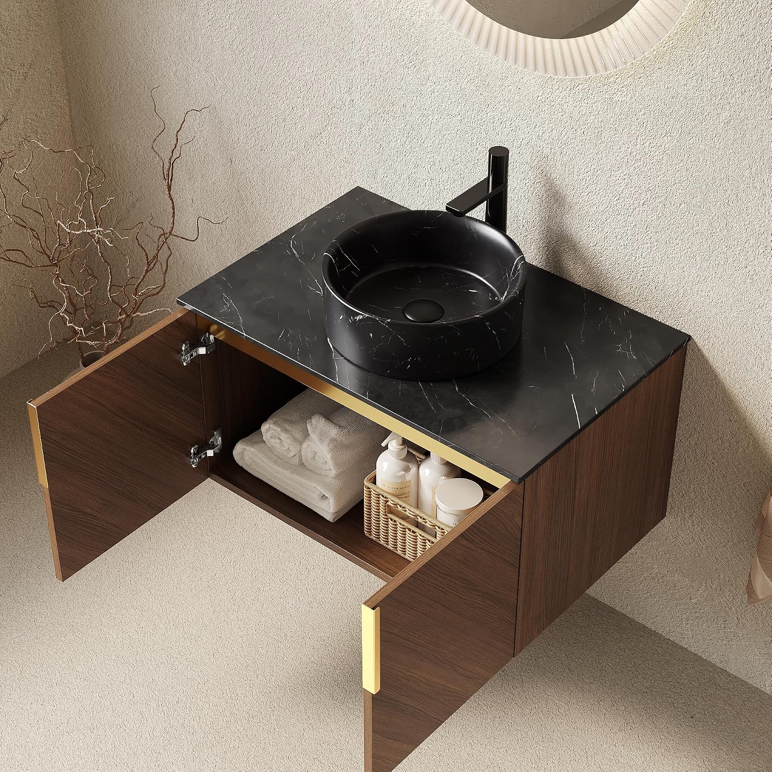 30' Floating Bathroom Vanity with Sink Combo, Modern Vanity with Vessel Sink, Wall-Mounted Bathroom Vanity Cabinet with Doors, Black Countertop and Black Round Ceramic Basin,Brown Oak