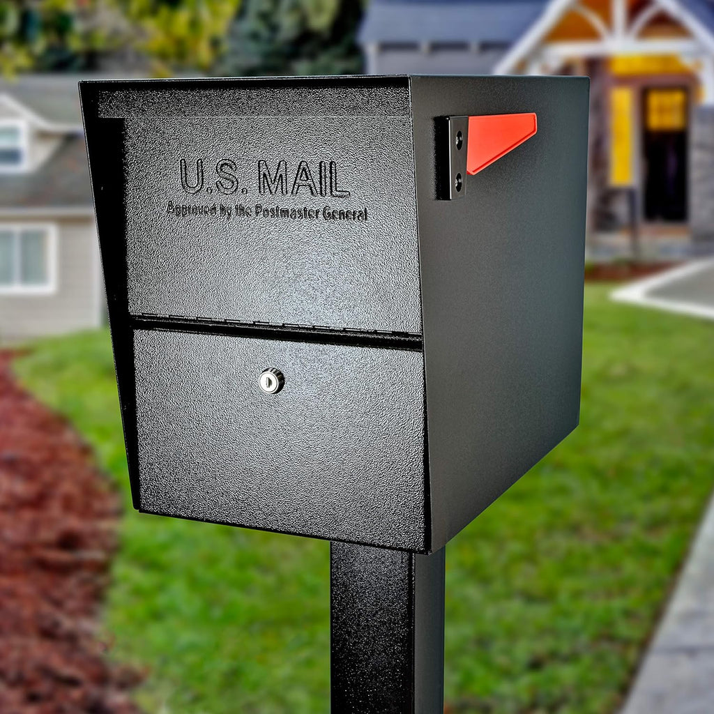 Mail Boss 7206 Package Master Curbside Locking Security Mailbox | Medium, Black, Surface Mount Base Plate & In-Ground Mounting Post, 43 x 4 x 4 inches