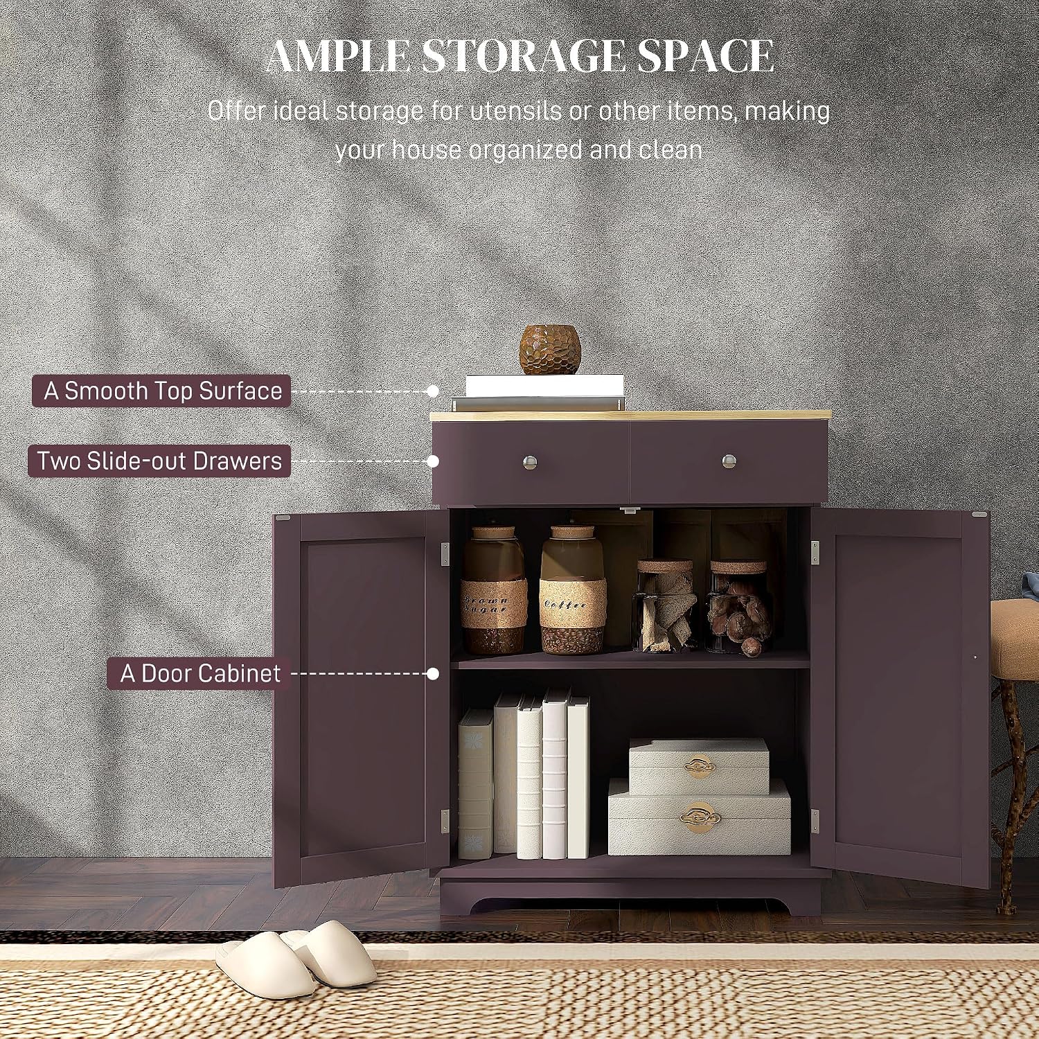 HOMCOM Sideboard Buffet Cabinet with Solid Wood Countertop, Modern Kitchen Storage Cabinet, Coffee Bar Cabinet with 2 Drawers, Doors and Adjustable Shelf, Coffee