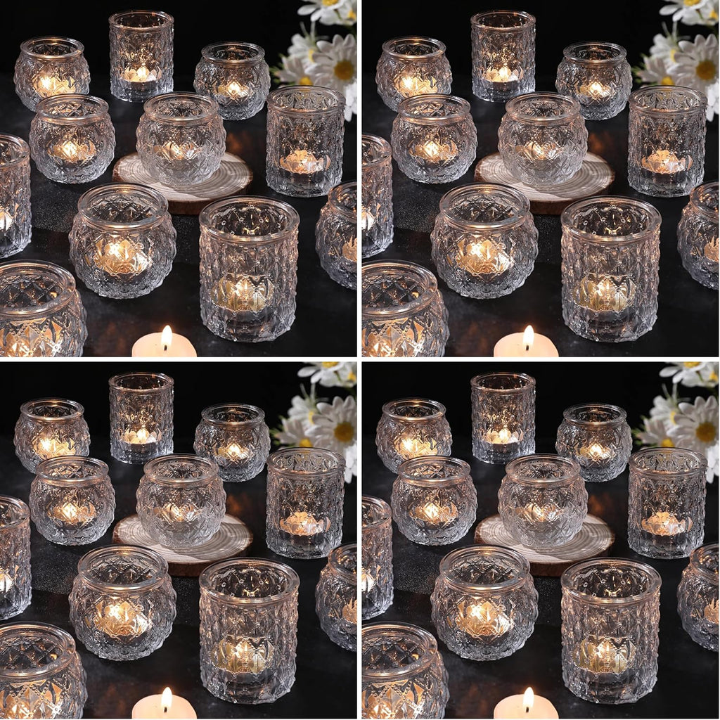 DARJEN Clear Votive Candle Holders Set of 24- Round Glass Candle Holders Bulk for Tea Light Candle, Embossed Candle Votives for Wedding Centerpiece, Various Parties & Home Decor (Pack of 4)