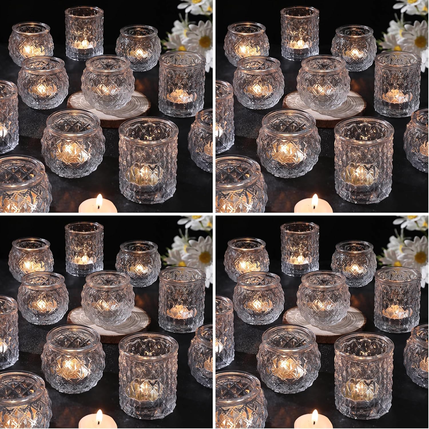 DARJEN Clear Votive Candle Holders Set of 24- Round Glass Candle Holders Bulk for Tea Light Candle, Embossed Candle Votives for Wedding Centerpiece, Various Parties & Home Decor (Pack of 4)