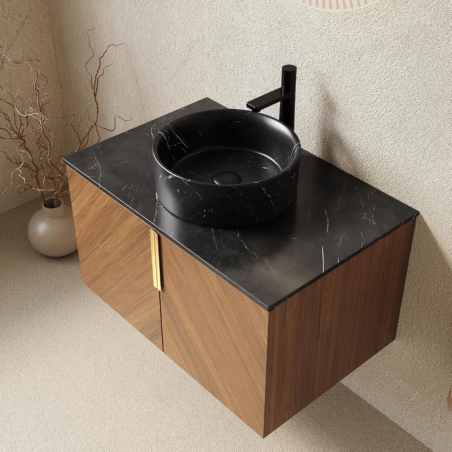 30' Floating Bathroom Vanity with Sink Combo, Modern Vanity with Vessel Sink, Wall-Mounted Bathroom Vanity Cabinet with Doors, Black Countertop and Black Round Ceramic Basin,Brown Oak