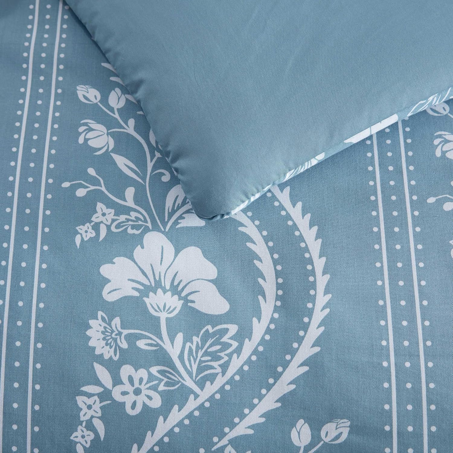 Martha Stewart - Twin Comforter Set, Smooth Sateen Front with Subtle Sheen & Lightweight Cotton Percale Reverse, 2 Piece Bed Set with Matching Pillowcase (Sophia Stripe Blue)
