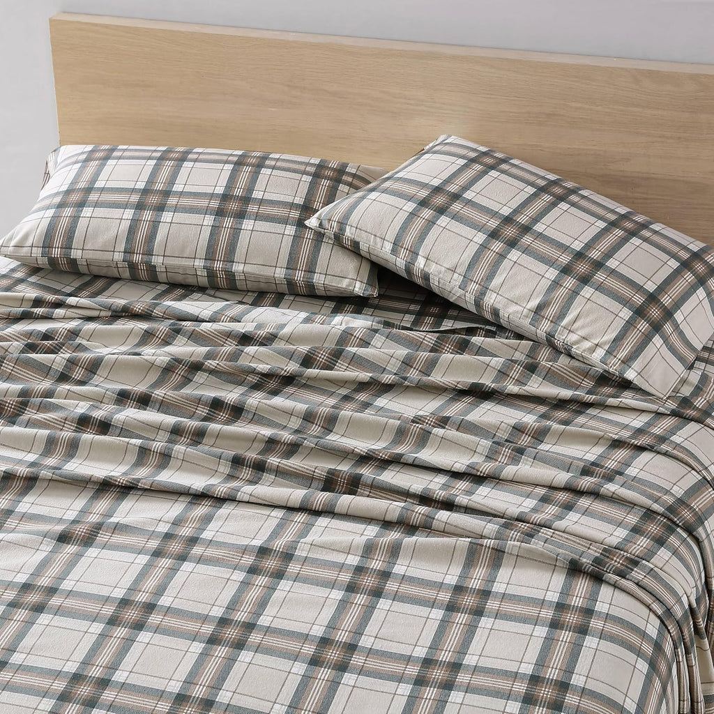Eddie Bauer - Flannel Sheets King Size, Anti-Pilling & Wrinkle Resistant Cotton, Touchably Soft for All-Season Comfort - Bed Sheets with Matching Pillowcases & Fitted Sheet (Edgewood Plaid Green)